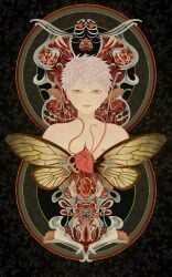 absurdres body_horror bug cuntboy guro heart_(organ) highres hikaru_ga_shinda_natsu hikaru_indou_(the_summer_hikaru_died) horror_(theme) insect_wings intersex looking_at_viewer monster_boy moth moth_wings pussy ribs short_hair solo the_summer_hikaru_died uterus veins very_short_hair white_hair wings yafriendlyhuman_(artist)