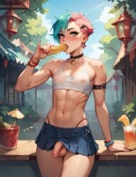 ai_generated banana blue_hair cock cock_under_clothes femboy femboy_focus femboy_only flat_chest pink_hair practicing skirt small_breasts small_penis sucking thin tiny_penis