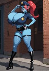 1girls ai_generated ambrose anthro blue_skin bursting_breasts cleavage deltarune female fishnets hand_on_hip high_heel_boots huge_breasts long_nails microskirt outdoors police_hat police_uniform ponytail red_hair red_lipstick red_nails self_upload shark_girl sharp_teeth smile stable_diffusion thick_thighs thong tied_shirt undyne_(deltarune) wide_hips yellow_eyes