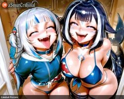 2girls a ahoge ai_generated animal_collar asmutcriminal asymmetrical_hair bangs bikini black_nails blue_bikini blue_eyes blue_hair blue_hoodie blue_nails blunt_bangs blush body_writing breast_tattoo breasts cleavage collar colored_inner_hair fangs female fingernails fish_tail fox_tail gawr_gura hair_ornament heart heart_pasties hololive hololive_english hololive_myth hood hoodie indie_virtual_youtuber indoors large_breasts long_hair looking_at_viewer medium_hair mole mole_under_eye multicolored_hair multiple_girls nail_polish open_mouth pasties pointy_ears pubic_tattoo pussy_juice red_nails saliva shark_girl shark_hair_ornament shark_hood shark_tail sharp_fingernails sharp_teeth shylily silver_hair skindentation streaked_hair swimsuit tagme tail tattoo teeth thigh_strap thighhighs tongue tongue_out tongue_piercing two-tone_hair two_side_up uvula virtual_youtuber white_hair