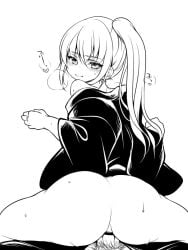 2boys aged_up anal anal_sex androgynous ass banira_(pixiv) big_ass blush bottomless breath femboy from_behind gay gintama gintama:_be_forever_yorozuya huge_ass japanese_clothes kimono long_hair long_hair_male looking_at_viewer looking_back male male_only male_pov monochrome official_alternate_hairstyle okita_sougo ponytail smile solo_focus sweat yaoi