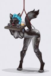 alcohol anal_hook anthro ass ass_up ball_gag beverage big_breasts blindfold bondage bound breasts claws colored curvy_figure ear_piercing embarrassed eyebrows facial_piercing female femsub full-length_portrait fur gag gagged hair hanging_breasts havok73 hi_res hyena kantoku mammal mask nipple_piercing nipples nose_piercing nude piercing portrait raised_eyebrows raised_tail rope shaded short_hair solo standing submissive tail tattoo tray whiskey