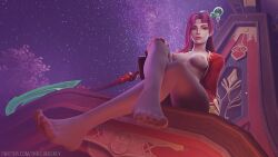 1girls 3d breasts breasts_out crossed_legs diana_(league_of_legends) feet female female_focus female_only league_of_legends legs legwear medium_breasts open_clothes posing red_hair red_hair solo solo_female solo_focus that_maskey thighhighs