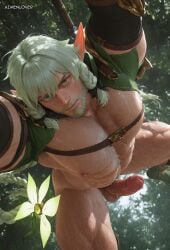 acrobatic_pose adventure_theme ai_generated aimenlover balls bara braided_hair dynamic_angle elf facial_hair fantasy_male fantasy_outfit forest full_nude glowing_flower goatee green_eyes green_hair hairy_body hanging harness long_ears male male_focus muscular nature_background outdoors penis pose pubic_hair solo sweat testicles wet_skin