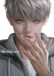 1boy badegg-mm blue_eyes cum cum_on_body cum_on_fingers face_closeup finger_to_mouth grey_hair grey_hoodie highres hood hoodie looking_at_viewer love_and_deepspace male male_focus portrait pretty_boy shirt simple_background solo straight-on twitter_username white_background white_shirt xavier_(love_and_deep_space) yaoi