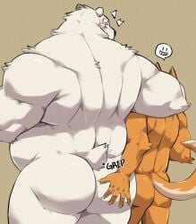 2025 absurd_res anthro arm_around_shoulders ass back_muscles bear belly blush butt_grab canid canine claws deltoids duo finger_claws fur hand_on_butt hi_res jumperbear larger_anthro larger_male long_tail looking_back male male/male mammal muscular muscular_anthro muscular_arms muscular_male orange_body orange_fur overweight overweight_anthro overweight_male polar_bear size_difference small_tail smaller_anthro smaller_male smile speech_bubble tail triceps ursine white_body white_fur