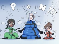 3girls ass_expansion belly_expansion big_ass big_belly big_breasts blue_(tabasuko) breast_expansion expansion genderswap_(mtf) green_(tabasuko) height_reduction red_(tabasuko) rule_63 tabasuko_(artist)