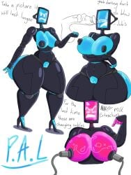 annoyed_expression arms_crossed big_breasts blue_body blue_breasts blue_pussy dissappointed_look female floating_penis high_heels japansadface milk_pump pal_(the_mitchells_vs._the_machines) penis_against_face pointing_at_self red_body robot_humanoid screen_face talking_to_viewer text the_mitchells_vs._the_machines thick_thighs