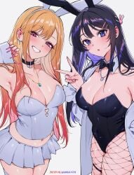 2girls big_breasts black_hair blonde_hair blush breasts bunny_costume bunny_ears bunny_girl bunny_girls bunnygirl bunnysuit collar crossover female fishnets hair hair_ornament kitagawa_marin large_breasts long_hair long_nails looking_at_viewer miniskirt necklace open_clothes open_jacket open_mouth peace_sign pink_eyes pink_nails purple_eyes qiandaiyiyu sakurajima_mai seishun_buta_yarou_wa_bunny_girl_senpai_no_yume_wo_minai smile smiling smiling_at_viewer sono_bisque_doll_wa_koi_wo_suru thick_thighs thighhighs thighs