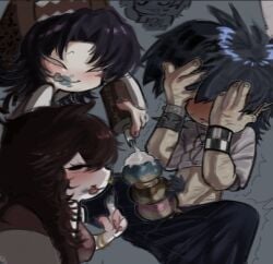 1boy 2girls asian_female blue_hair blue_pubic_hair boyfriend_(friday_night_funkin) checkered cloudpiss covering_face doughnut female friday_night_funkin girlfriend_(friday_night_funkin) hands_on_face male nene_(newgrounds) red_hat scene scene_hair self_upload whip_cream