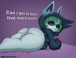 animal_ears ass ass big_ears gray_body green_hair grey_skin hood league_of_legends legs lying_on_stomach madmanart one_eye_closed purple_eyes shortstack text thick_thighs thighs vex_(league_of_legends) yordle