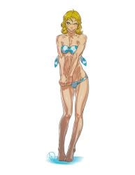 1girl big_smile blonde_hair blue_bikini female ganassa league_of_legends looking_at_viewer luxanna_crownguard nude solo solo_female tagme white_background winking_at_viewer