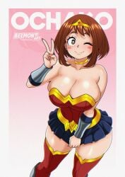 1girls belmont big_breasts big_breasts big_breasts big_hips big_thighs blush boku_no_hero_academia boots breasts breasts breasts brown_hair chestnut_hair cosplay dc dc_comics hazel_eyes hips long_boots my_hero_academia ochako_uraraka peace_sign princess short_hair short_skirt thick_thighs thighs voluptuous voluptuous_female wonder_woman_(cosplay)