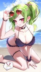 absurdres adjusting_eyewear ahoge alternate_costume bare_shoulders barefoot beach bikini black_bikini black_choker blunt_bangs blush breasts choker cleavage collarbone curry_bowl day delutaya eyewear_on_head female fingernails frilled_bikini frills green_hair hair_ornament hair_scrunchie hand_between_thighs high_ponytail highres indie_virtual_youtuber kneeling large_breasts leaning_forward long_hair looking_at_viewer multicolored_hair outdoors pink_hair pink_nails ponytail red-tinted_eyewear red_eyes scrunchie smile solo streaked_hair sunglasses swimsuit thigh_strap tinted_eyewear virtual_youtuber wrist_scrunchie wristband