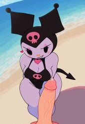 ai_generated anthro beach big_breasts big_penis cleavage curvy_figure kuromi looking_at_viewer offscreen_male one_piece_swimsuit onegai_my_melody penis precum sanrio seductive smile