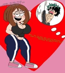 boyfriends breasts chubby_female cum cum_drip cum_dripping cum_explosion cum_on_face cum_outside cumming female_on_male green_hair green_hair_male izuku_midoriya male_on_female masturbating_cuck masturbation muscles muscular muscular_male my_hero_academia pleasure_face robin2024_(artist) seductive seductive_pose teenage_girl teenager uraraka_ochako