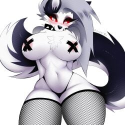 1:1 anthro blush breasts canid canid_demon canine clothing collar demon female fishkittn fishnet_clothing fishnet_legwear fur genitals hair hellhound helluva_boss hi_res legwear looking_at_viewer loona_(helluva_boss) mammal mythological_canine mythological_creature mythology navel nipples pasties pussy red_sclera smile solo spiked_collar spikes stockings tail thick_thighs thigh_highs tuft white_body white_fur