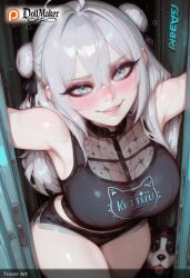 ai_generated aqua_eyes bangs bare_shoulders blue_eyes blush breasts cellphone character_name dollmaker dollmaker_(artist) double_bun female hair_between_eyes hair_bun hair_ribbon heart heart-shaped_pupils heavy_breathing large_breasts le_malin_(azur_lane) long_hair looking_at_viewer patreon_logo patreon_username phone recording ribbon shorts side_bun silver_hair smile solo symbol-shaped_pupils tagme thighs