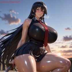 ai_generated akame_(akame_ga_kill!) akame_ga_kill! black_hair black_skirt blush heavy_breathing huge_ass huge_breasts katana necktie red_eyes red_tie tie weapon