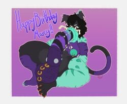 anthro autofellatio big_penis birthday breasts cum cum_in_mouth cum_in_own_mouth cumming english_text equine_penis furry furry_only futanari gynomorph huge_cock intersex lunalust original_character penis piercing