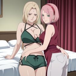 1boy 2d 2d_(artwork) 2d_artwork 2girls age_difference ahegao_ai ai_generated ass ass_focus ass_grab bedroom before_sex blonde_hair boruto:_naruto_next_generations bra breast_grab dress duo_focus female female_focus female_only green_eyes groping groping_ass groping_breasts indoors lingerie male milf multiple_girls mutual_yuri naruto naruto_(series) older_female panties pants patreon patreon_link patreon_logo patreon_url patreon_username pink_hair sakura_haruno teacher_and_student tsunade underwear watermark younger_female yuri