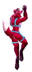 anthro black_body black_ears black_fur black_nose black_paws canid canine digital_media_(artwork) floppy_ears fluffy fluffy_tail fox fur genitals hair harness hi_res humphreysilver inner_ear_fluff jesam_(jesam) mammal multicolored_body multicolored_fur nonbinary_(lore) nude purple_eyes pussy rear_view red_body red_fox red_fur red_hair solo tail trans_(lore) trans_woman_(lore) true_fox tuft white_body white_fur white_inner_ear_fluff