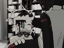 2boys 2d 2d_(artwork) black_body blush_lines bottomless collar cum cum_in_mouth fellatio halo happy headpat male male_only nude open_mouth original_character photo_background roblox roblox_avatar robloxian scars self_upload smile white_skin yawned_beef