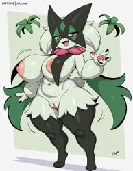 2025 4_fingers absurd_res ai_generated anthro anthrofied areola big_areola big_breasts bodily_fluids bouncing_breasts breasts claws curvy_figure cute_fangs digital_media_(artwork) facial_markings feet female fingers fur generation_9_pokemon genital_fluids genitals green_body green_fur hair head_markings hellsonger hi_res huge_breasts looking_at_viewer mammal meowscarada motion_lines navel nintendo nipples nude open_mouth open_smile pawpads pink_areola pink_eyes pink_nipples plant pokemon pokemon_(species) pokemorph pussy pussy_juice short_stack simple_background smile solo standing text thick_thighs toes wide_hips