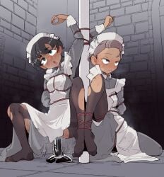 2girls apron black_hair black_pantyhose blue_eyes blush bondage bound breasts brown_hair censored dark-skinned_female dark_skin dildo dress female grey_dress gundam gundam_gquuuuuux highres huge_dildo indian indian_female kanchana maid maid_headdress mosaic_censoring multiple_girls no_shoes open_mouth pantyhose purple_eyes pussy_juice restrained sakifox sex_toy small_breasts tears torn_clothes torn_pantyhose vani_(gundam)