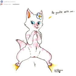 3_toes capcom crotch_lines feet felid feline female feral flower flower_in_ear genitals hi_res looking_at_viewer mammal monster_hunter pansy_(mhs) patreon patreon_logo patreon_username plant pussy shy smile smiling_at_viewer solo spread_legs spreading text toes traditional_media_(artwork) url yordraw