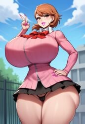 ai_generated bimbo bimbofication breasts breasts_bigger_than_head building cameltoe choker collared_shirt earrings eyeshadow fence gigantic_breasts hand_on_hip hand_up huge_ass huge_breasts lipstick long_sleeves makeup massive_ass massive_breasts microskirt novelai outdoors outside peace_sign persona persona_3 red_bow school school_uniform short_skirt smile sweater tgm101_(artist) thick_lips thick_thighs thin_waist thong wide_hips yukari_takeba zipper