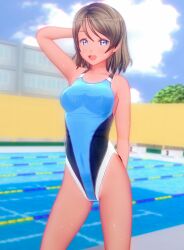 blue_eyes breasts brown_hair competition_swimsuit female grey_hair large_breasts looking_at_viewer love_live! love_live!_sunshine!! short_hair tanned thighs watanabe_you