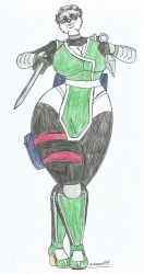 anthro big_breasts big_hips black_body black_fur brown_nose cosplay earrings equipment furry golden_eyes hair_clip hair_tied haruna_kisuki_(waifuland) high_heels katana kunai kunoichi looking_at_viewer marlon64 ninja_girl ninja_suit panda panda_girl silver_hair smiling_at_viewer solo_female traditional_drawing_(artwork) waifuland walking_in_on weapons white_background white_body white_fur