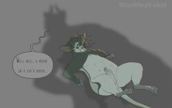 ambiguous_gender anthro balls blush blush_lines blushing_yokai bodily_fluids dialogue dripping duo english_text extreme_size_difference genital_fluids genitals green_body grey_background humanoid_genitalia humanoid_penis lying male male/ambiguous mammal micro mouse murid murine nervous nude_anthro nude_male on_back penis perineum precum precum_drip rodent simple_background size_difference speech_bubble submissive submissive_anthro submissive_male sweat sweatdrop text