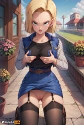 1girls ai_generated alternate_legwear android_18 ass_visible_through_thighs belt black_shirt black_thighhighs blonde_hair blue_eyes blue_skirt blue_sky blush breasts brown_footwear clothes_lift cloud collarbone day denim denim_jacket denim_skirt dragon_ball dragon_ball_super dragon_ball_z earrings flower garter_straps grabbing_own_breast hi_res jacket jewelry kneeling large_breasts long_sleeves looking_at_viewer no_panties open_mouth outdoors patreon_username plant pussy rule34lab shirt shirt_tucked_in short_hair skindentation skirt skirt_lift sky solo thighhighs thighs uncensored vest