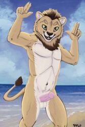 2025 anthro balls beach cloud digital_media_(artwork) erection felid finger_gun fur genitals gesture green_eyes hair hand_gesture hi_res humanoid_genitalia humanoid_penis lion male mammal mane muscular nude outside pantherine penis sea solo solo_male sylo tail tail_tuft tan_body tan_fur tuft water