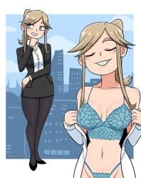 1girls amanda_(mkairos47) blonde_female blonde_hair blue_eyes braces female formal lingerie mkairos47 oc office_clothing office_lady underwear undressing