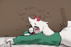 2023 2_horns anthro ass bed bed_sheet bedding bleating blush bottomless bovid brown_background caprine clothed clothing cute_fangs deltarune english_text eye_roll eyewear fangs femboy floppy_ears fur furniture glasses goat grabbing_sheets green_clothing green_shirt green_topwear heart_symbol hi_res horn long_sleeves lying male male_penetrated mammal offscreen_character offscreen_sex on_bed on_front open_mouth penetration pink_horn pompsadoodle ralsei round_glasses scut_tail shirt short_tail simple_background solo tail teeth text topwear undertale_(series) wearing_glasses white_body white_fur