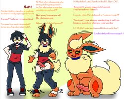 2024 animal_genitalia animal_penis artist_logo artist_name balls biped black_hair black_sclera blush bottomwear canine_genitalia canine_penis clothed clothing collar colored denim denim_bottomwear denim_clothing dialogue ear_grab eeveelution english_text erection feral flareon fully_clothed fur generation_1_pokemon genitals growth hair hand_on_head hand_on_hip hi_res human human_to_feral human_to_pokemon jeans knock-kneed knot legs_together logo looking_at_genitalia looking_at_own_penis looking_at_penis looking_at_self looking_down_at_self male mammal markings motion_lines nintendo nude open_mouth orange_body orange_fur pants paws penis pokeball pokeball_collar pokemon pokemon_(species) pomiart quadruped red_markings shoe_burst sitting sitting_on_ground solo species_transformation spread_legs spreading standing tail tail_growth tapering_penis text transformation transformation_sequence yellow_body yellow_eyes yellow_fur