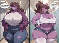 1girls ai_generated ambrose anthro before_and_after blush brown_hair bursting_breasts chubby claws cleavage crop_top deltarune demanding_sex denim_shorts dinosaur female freckles horny_female huge_ass huge_breasts jacket jeans long_hair micro_shorts plump ponytail purple_skin ripped_jeans scalie self_upload sharp_teeth spiked_bracelet spiked_collar stable_diffusion susie_(deltarune) t-shirt tank_top thick_thighs thighhighs thong tsundere underboob wide_hips yellow_eyes