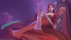 1girls 3d breasts breasts_out crossed_legs diana_(league_of_legends) feet female female_focus female_only league_of_legends legs medium_breasts open_clothes posing red_hair red_hair solo solo_female solo_focus that_maskey toenail_polish toes