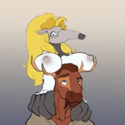 1:1 adamios_(character) anteater anthro antlers blonde_hair boob_hat breast_rest breasts brolaren deer duo eyewear female glasses hi_res horn looking_up male male/female mammal moose new_world_deer nipples pilosan xenarthran