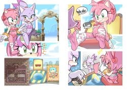 2022 2girls 5_toes absurd_res amusement_park amy_rose anthro ball barefoot bikini blaze_the_cat blush bodily_fluids bracelet breasts carnival_game city city_background cityscape clothing comic digital_media_(artwork) domestic_cat dunk_tank duo eulipotyphlan excited eye_contact eyelashes fangs feet felid feline felis female female/female flat_chested forehead_gem fur gem glistening glistening_body gloves green_eyes handwear happy head_tuft hedgehog hi_res holding_ball holding_object humanoid_feet jewelry looking_at_another mammal multicolored_body multicolored_fur navel one_eye_closed open_mouth open_smile oposa outside pink_body pink_fur plantigrade purple_bikini purple_body purple_clothing purple_fur purple_swimwear red_bikini red_clothing red_hair_tie red_hairband red_swimwear sega sitting small_breasts smile soles sonic_(series) sonic_the_hedgehog_(series) speech_bubble spread_legs spreading surprised_expression sweat swimwear teeth toes tuft two-piece_swimsuit walking water wet wet_body white_body white_clothing white_fur white_gloves white_handwear yellow_eyes