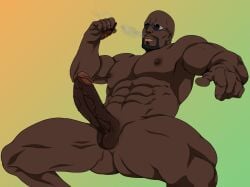 1boy ass bald balls bara black_lagoon cigar commentary completely_nude dark-skinned_male dark_skin dutch_(black_lagoon) earrings english_commentary erection gradient_background highres holding holding_cigar jewelry kagami06 large_pectorals large_penis lips male male_focus muscular muscular_male navel nipples nude pectorals penis simple_background solo solo_male sunglasses testicles thighs variant_set veins yaoi