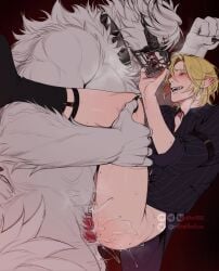 2boys absurdres anal arm_belt arm_up belt black_belt black_nails black_shirt black_socks blonde_hair blush bottomless collared_shirt colored_eyelashes commentary completely_nude cum cum_overflow curtained_hair ejaculation english_commentary eye_contact fangs fingernails furry furry_male gay gay_male girthy_penis hand_on_another's_leg highres hugo_vlad interspecies legwear_garter looking_at_another male male_focus male_penetrated multiple_boys muscular muscular_male muzzle_(mask) nude open_collar open_mouth patreon_username penis pinstripe_pattern pinstripe_shirt pointy_ears red_eyes red_penis riffraffhellyea sex sharp_fingernails sharp_teeth shirt socks teeth tongue tongue_out twitter_username veins veiny_penis von_lycaon white_fur wing_collar wolf_boy yaoi zenless_zone_zero