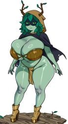 1girls adventure_time bbw big_breasts cleavage coldarsenal female green_eyes green_skin huntress_wizard leaf_hair mask oiled oiled_body oiled_skin plump solo solo_female thick thick_ass thick_thighs venus_body