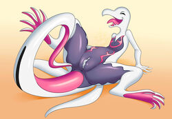 1girls alternate_color anus ass big_ass big_feet black_eyes clitoris closed_eyes fangs feet female female_only highres kurisu_ams long_toes nude open_mouth orange_background pink_skin pokémon_(species) pokemon pokemon_(species) pokemon_sm purple_sclera purple_skin pussy salazzle scalie shadow shiny shiny_pokemon shiny_salazzle sitting soles solo spread_legs tail teeth tongue white_pussy white_skin