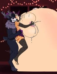 absurd_res anthro antlers balls belly big_balls big_belly big_breasts blush bodily_fluids bodypaint brahkest breasts close_to_bursting clothing costume covering covering_mouth cum cum_from_eyes cum_from_mouth cum_from_nipples cum_from_nose cum_in_mouth cum_in_nose cum_inflated_belly cum_inflated_breasts cum_inside cum_on_breasts duo expansion expansion_sequence expansion_while_penetrated expansion_while_penetrating female from_behind_position genital_fluids genitals halloween halloween_costume hi_res holidays horn hyper hyper_inflation inflation inflation large_insertion leaking_cum male male/female panicked_look penetration sex spurting torn_clothing vaginal_penetration vaginal_penetration witch_costume