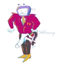 2boys black_hair colored_glasses deltarune gay huge_cock large_penis licking_penis long_nose object_head penis spamton_g_spamton tenna_(deltarune) tongue tv_head