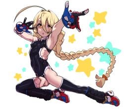 1boy ahoge blonde_hair braid censored covered_navel covered_nipples gen'en_(sioherashi) gloves leotard long_hair male male_focus mosaic_censoring oerba_yun_fang orange_hair original otoko_no_ko penis ribs single_braid skin_fang small_penis sweatdrop thighhighs variant_set very_long_hair white_background
